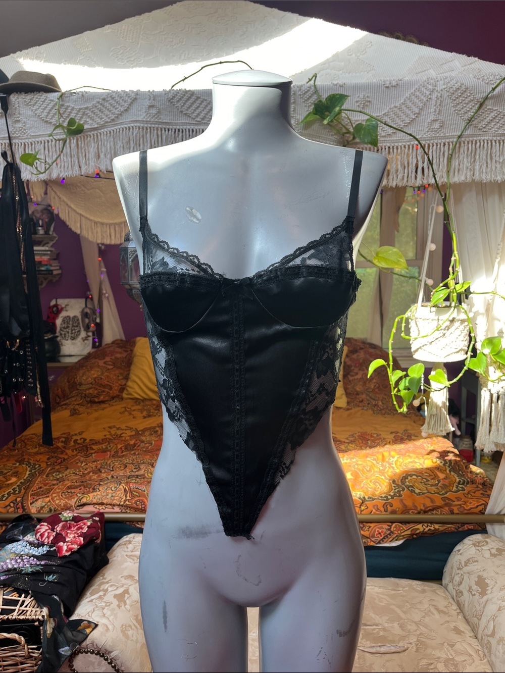 Vintage 90s goth satin silky lace corset bustier cami top